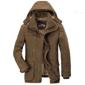 Solid Color Mens Parkas Jackets Hooded Thick Fleece Military Coat Fur Collar Warm Windbreaker Casual Outdoor Parka Overcoat Men (Color: WISH601Coffee, size: L)