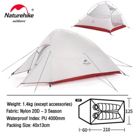 Naturehike Cloud Up 3 Upgraded Tent Ultralight Camping Tent Waterproof Outdoor Hiking Travel Tent Backpacking Cycling Tent (Color: 2 Person Gray)